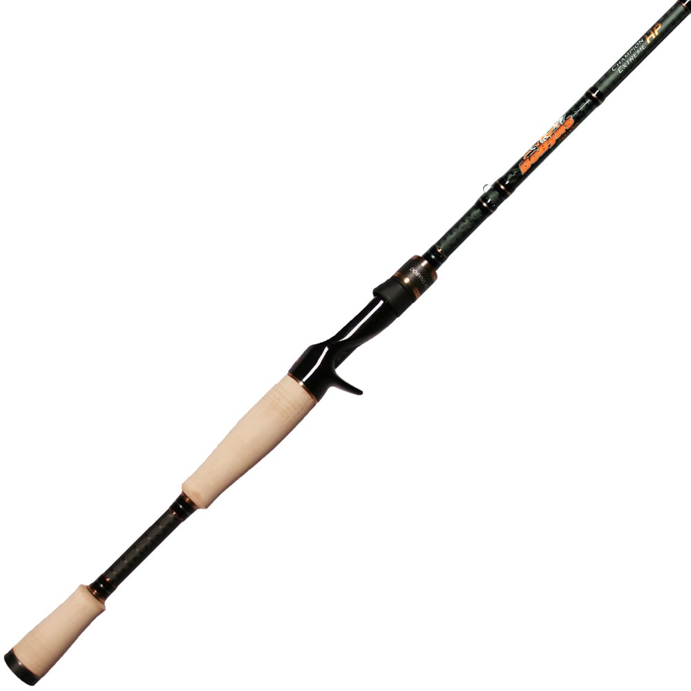 The Dobyns Champion Extreme HP 7'4" Medium Casting Rod (DX 742C SH) features a sleek black design with cork handles and an integrated reel seat, offering unmatched sensitivity. Its orange and white branding adds sophistication, ideal for precision fishing.