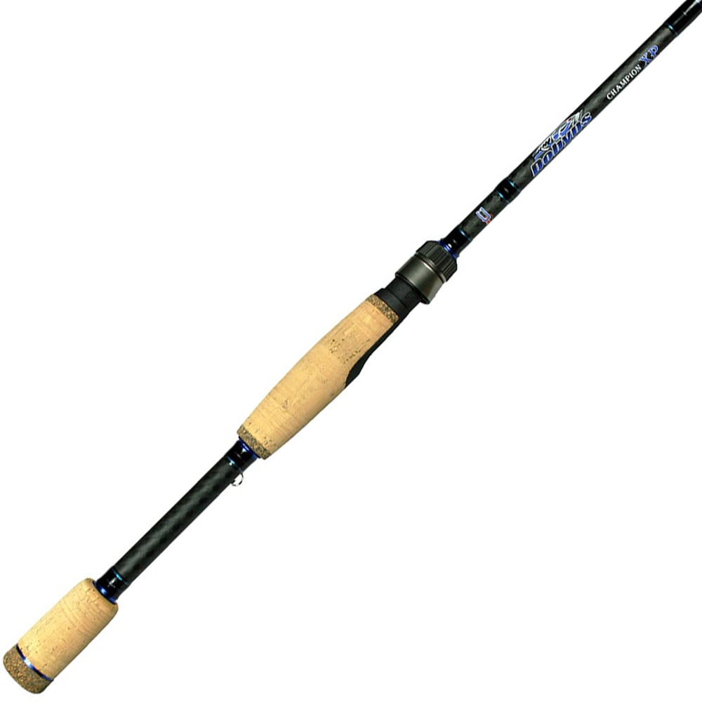 The Dobyns Champion XP 6'8" Medium Light Spinning Rod has a sleek black shaft and cork handle, features blue text near the reel seat, and uses reliable Fuji Guides, offering anglers exceptional precision and performance.