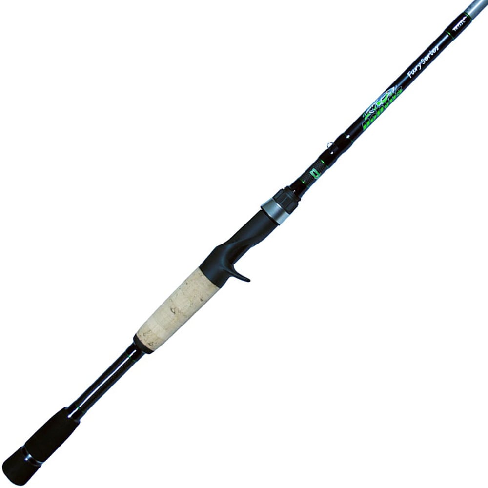 The Dobyns Fury 7' Med-Heavy Crankbait Casting Rod FR 705CB features a black and silver design crafted from high modulus graphite, with a cork handle for freshwater fishing, ergonomic grips, and detailed green accents near the Fuji Reel Seat for added precision.