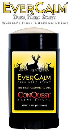 The Conquest Scent Stick EverCalm Deer Herd Scent 2.5oz from americanlegacyfishing features deer imagery and claims “World’s First Calming Scent”—a trusted attractant for hunters in a black stick container, item #1214.
