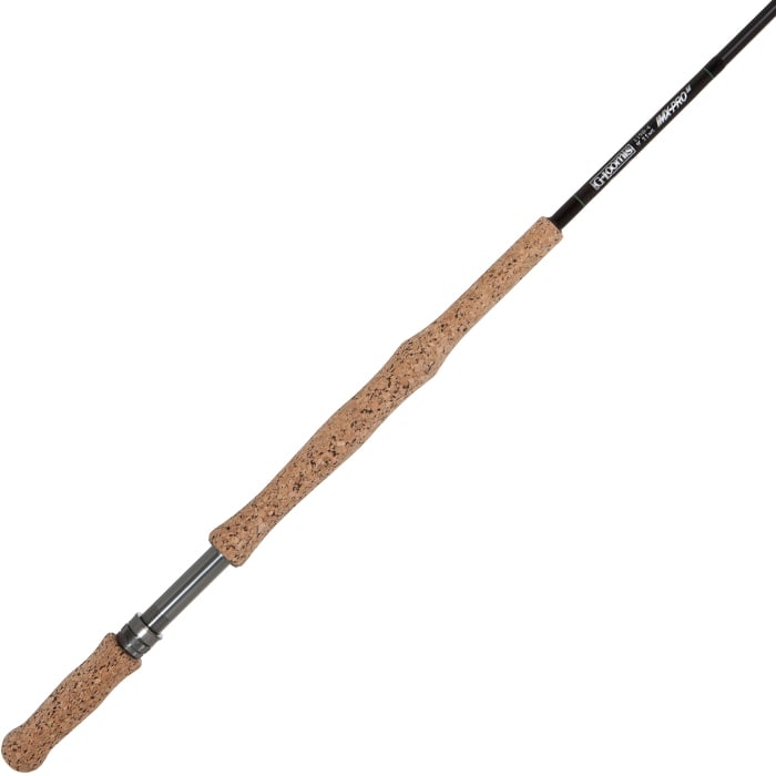 The G. Loomis IMX-PRO Musky 1190-4 9' 11wt Fly Rod by G. Loomis features a cork handle, sleek black shaft, and custom aluminum reel seat, shown on a white background.