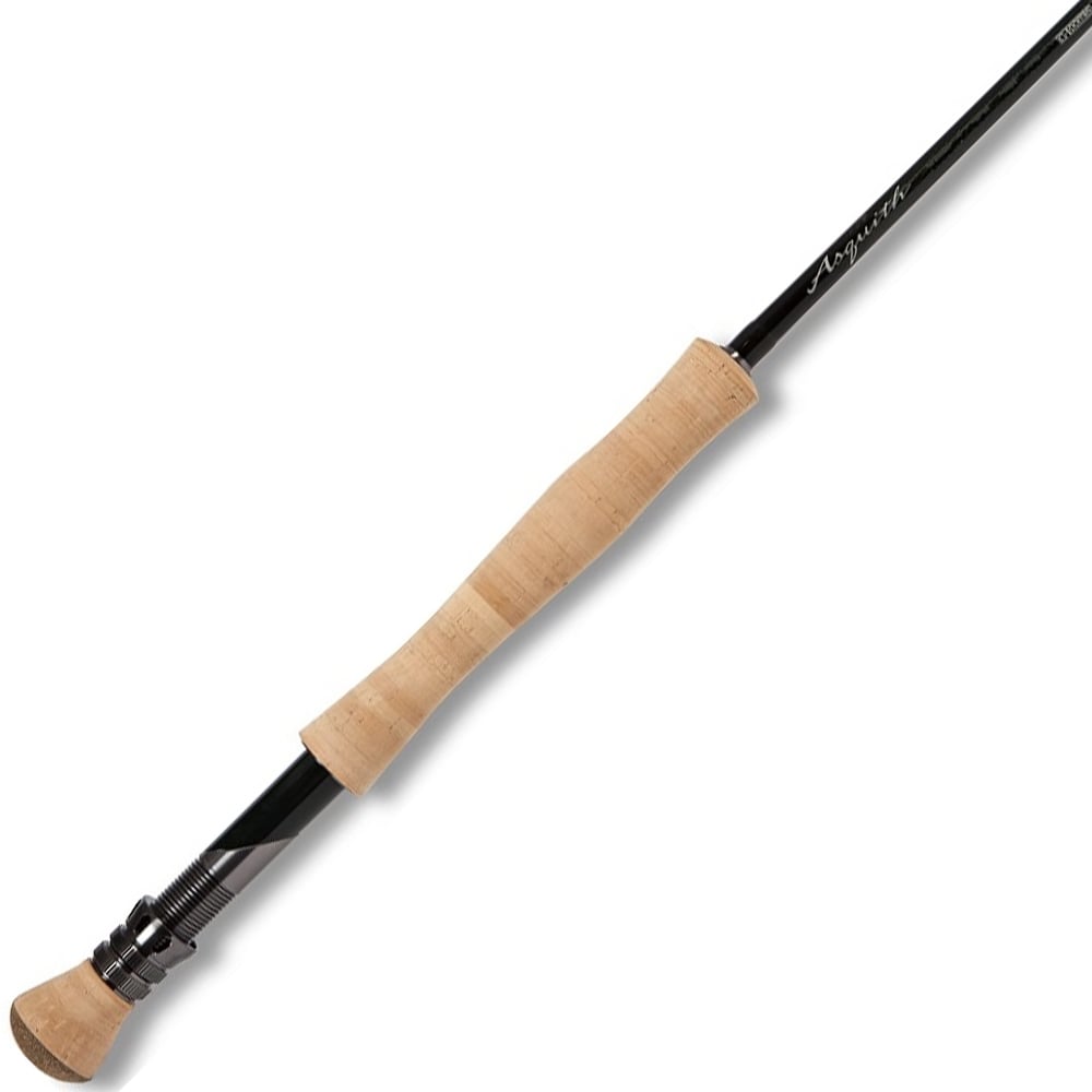 The G. Loomis Asquith 490-4 All Water Fly Rod by G. Loomis features a black finish, light cork handle and grip, metal reel seat components, a modern design, and advanced Spiral X technology.