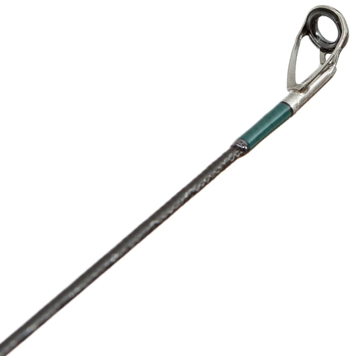 Close-up of the top guide eyelet on the G. Loomis Conquest CNQ 843S SJR Spin Jig Spinning Rod, showing its metal ring and support at the tip and highlighting advanced Spiral-X Technology.