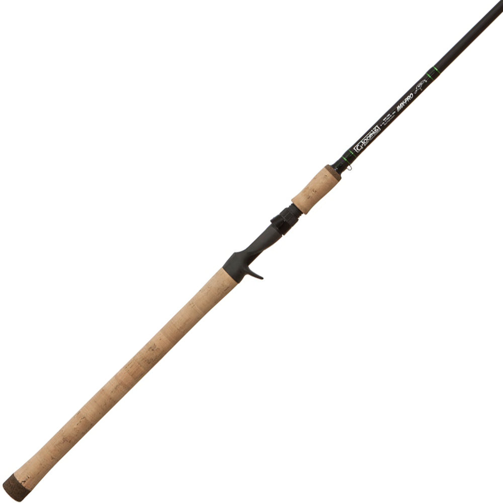 The G. Loomis IMX-PRO 969C CBR Casting Rod - Crankbait features a long, light brown cork handle and black reel seat, ideal for tournament anglers. It's slim, tapering towards the tip with brand markings near the handle.