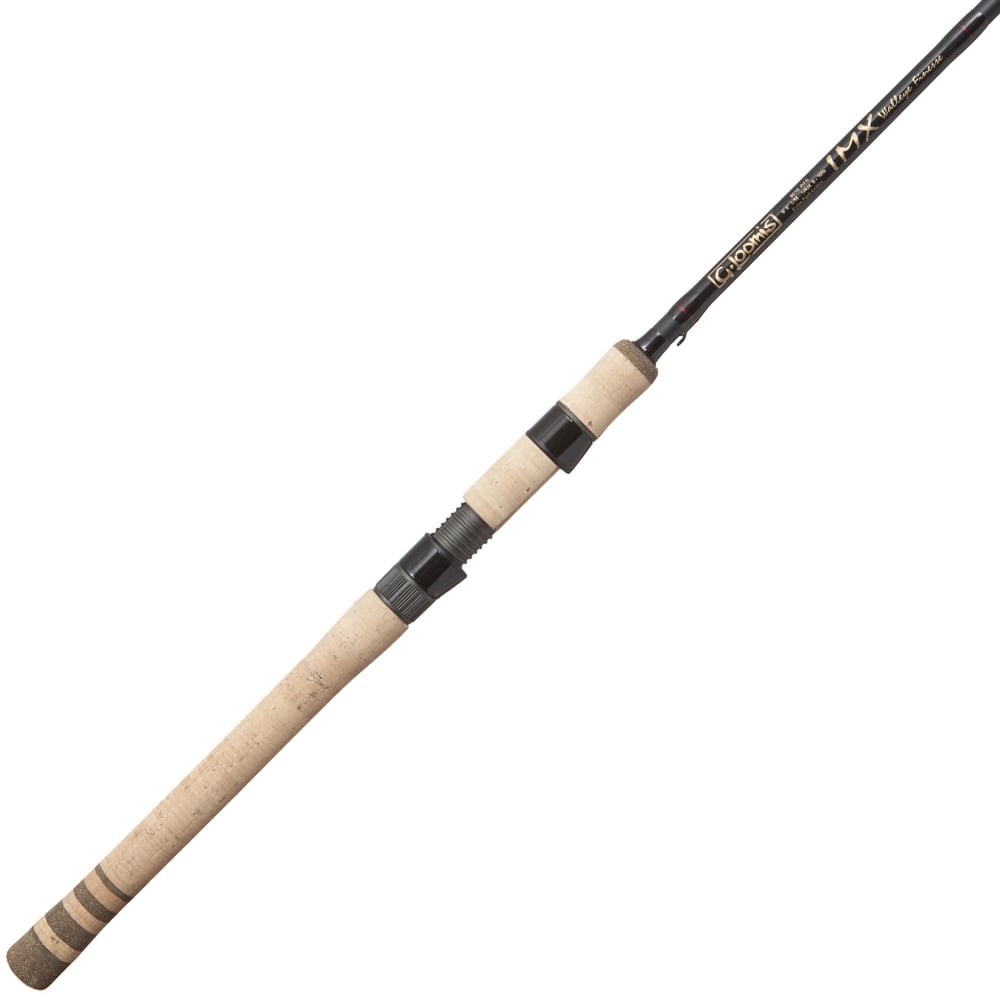 The G. Loomis IMX 901S WJR Walleye Spinning Rod features a light tan cork handle, black accents, and slender design with visible G. Loomis branding—ideal for walleye fishing.