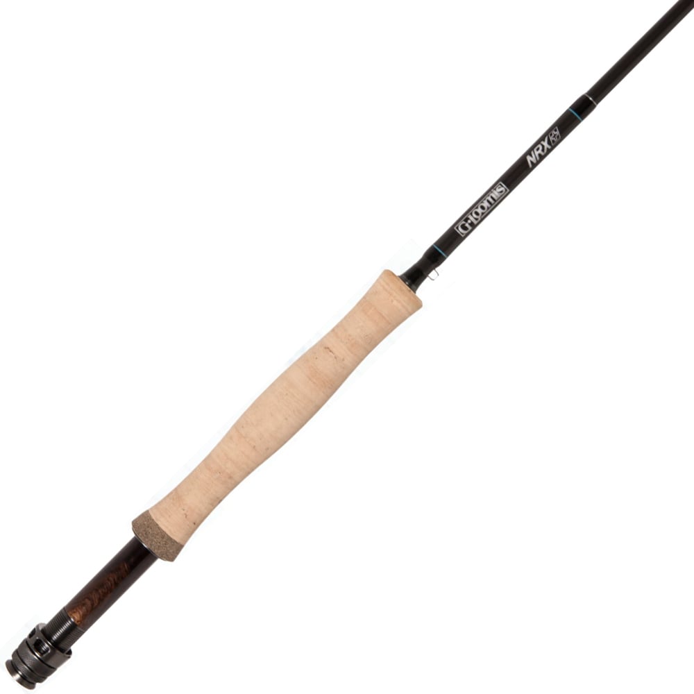 The G. Loomis NRX+ 595-4 9'5" 5wt Fly Rod features a cork handle, black graphite shaft, and advanced compound taper by G. Loomis, displayed diagonally on a white background.