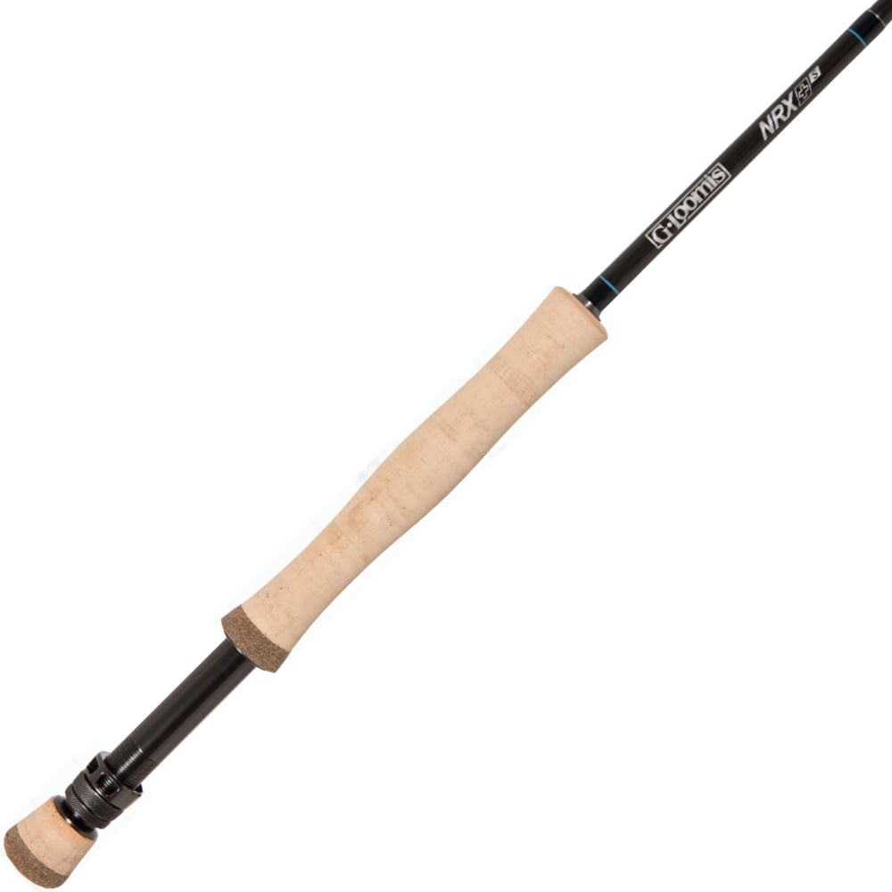 The G. Loomis NRX+ S 790-4 9'0" 7wt Saltwater Fly Rod features a black finish, light cork handle, dark metal reel seat, and is labeled "G.Loomis NRX+" near the top section.