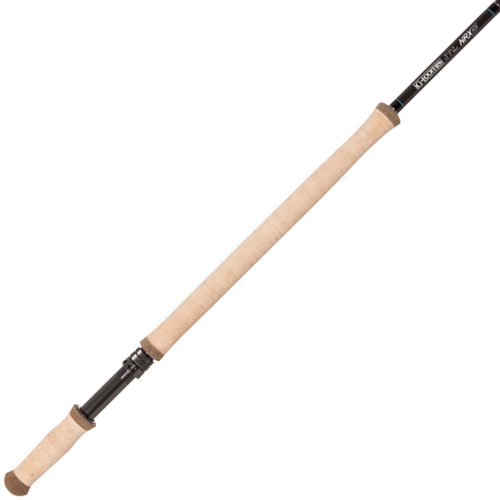 The G. Loomis NRX+ 8133-4 13'3" 8wt Switch/Spey Fly Rod by G. Loomis features a fast action, long light wood handle, and black reel seat, displayed on a white background.