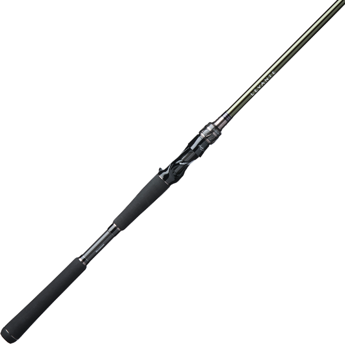 The Megabass Levante "Aklys" 7'10" Extra Heavy Casting Rod (F8-710LV) features a black foam handle and metallic reel seat, inspired by the Levante series, and is showcased against a white background.