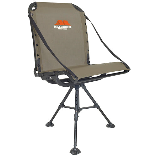 The Millennium Treestand G100 Blind Chair by Millennium is a lightweight, collapsible aluminum swivel chair with a mesh seat and backrest featuring the "Millennium Treestands" logo.