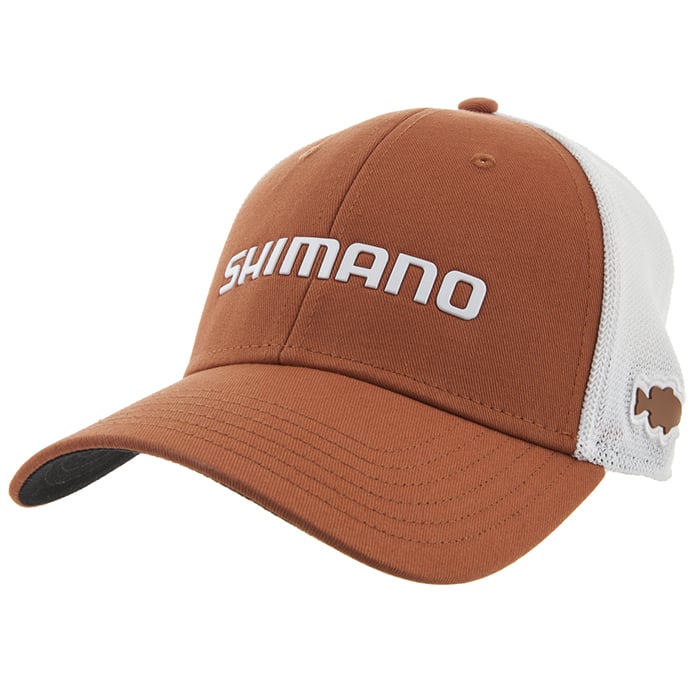 The Shimano Texas State Bass Cap is a brown and white trucker hat with "SHIMANO" in white on the front and a small fish patch on the side mesh—ideal for bass fishing fans.