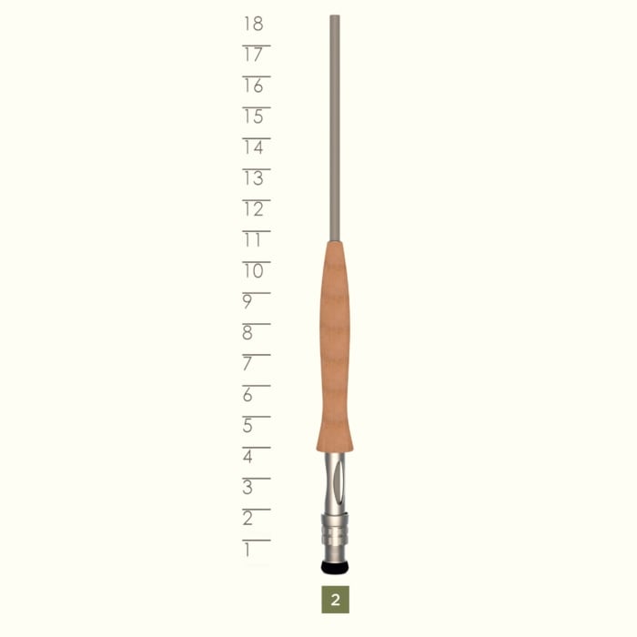 The St. Croix High Stick Drifter 10'0" 4wt Fly Rod (HSD1004.4) with cork grip and metal reel seat stands by a ruler marked 2–18, with "2" highlighted—ideal for precise trout fishing.