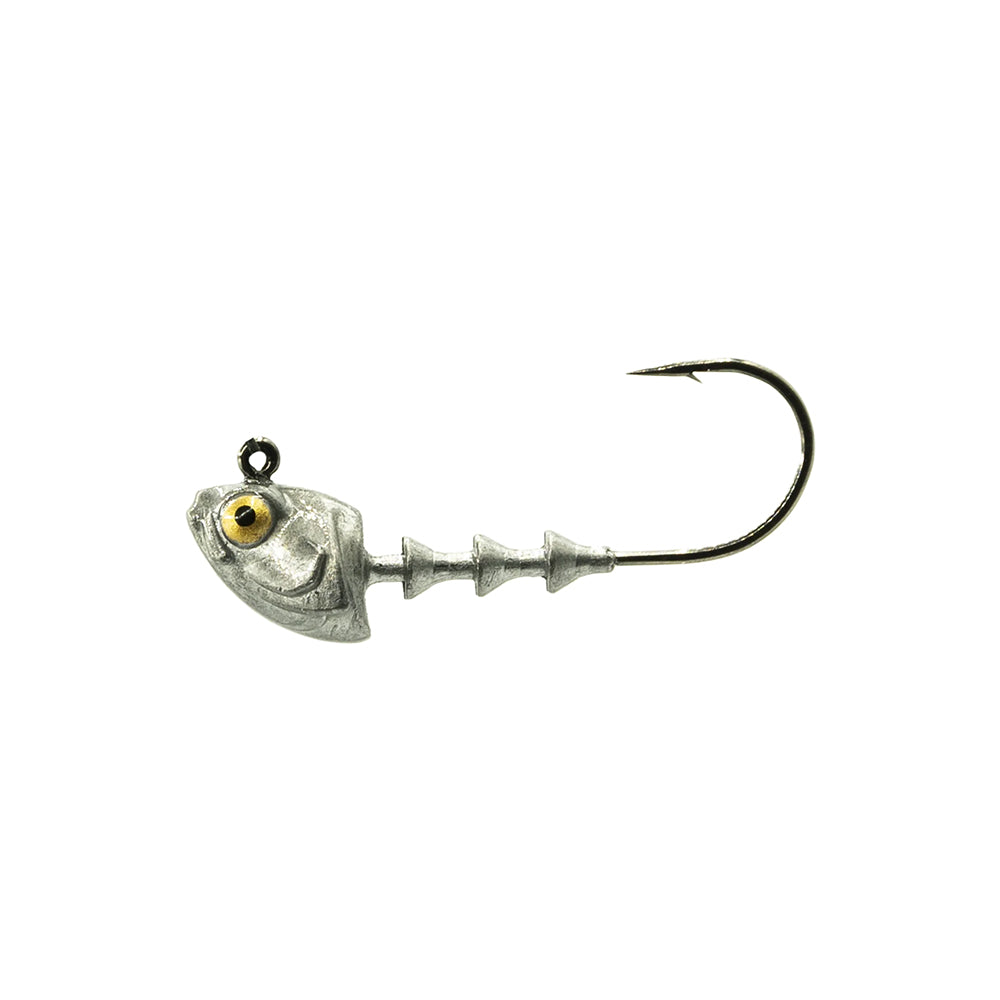 The 6th Sense Finesse Swimbait Jig Head by 6th Sense features a fish skeleton shape, ribbed body, 3D head with a large yellow eye, and a curved black nickel hook for finesse swimbait presentations.