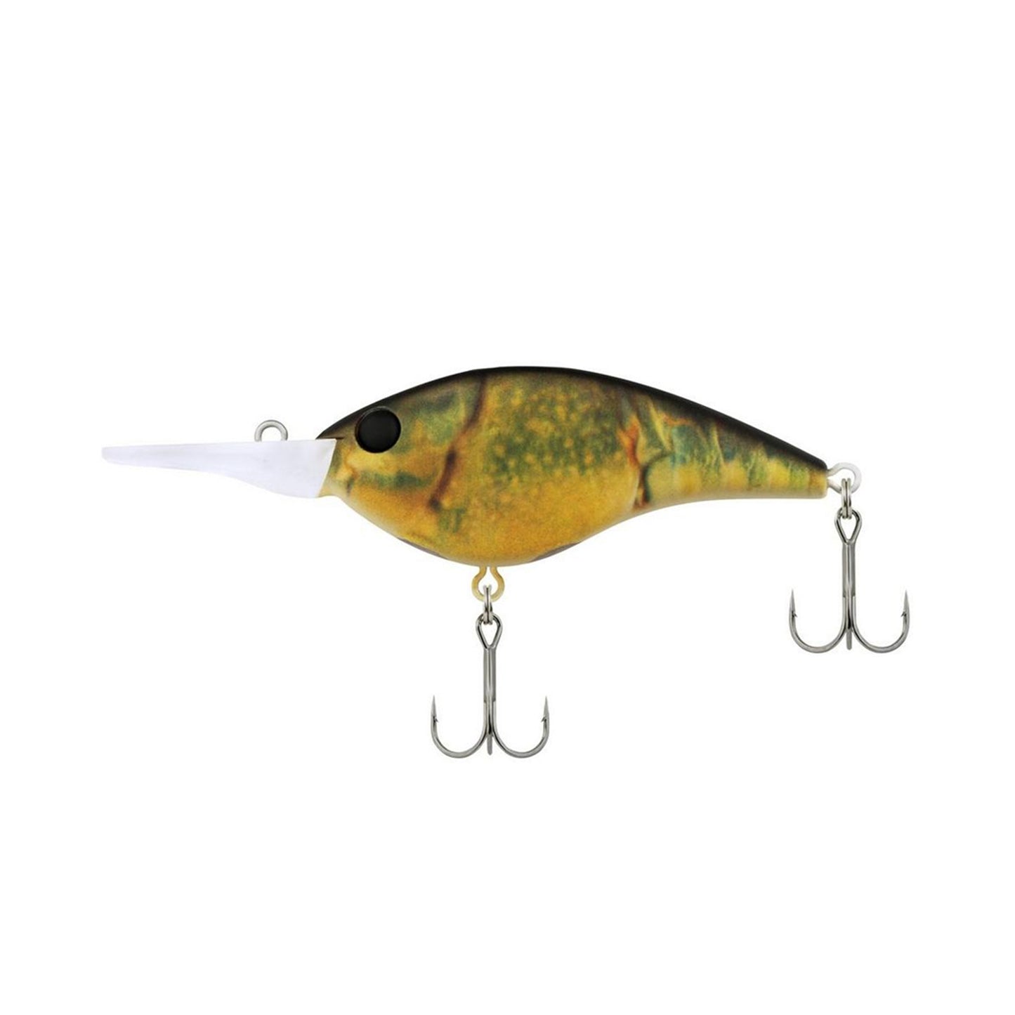The Berkley Frittside 9 Crankbait by Berkley is a yellow and green fish-shaped balsa lure with black spots, a white plastic lip, and two treble hooks underneath—ideal as a bass fishing lure.