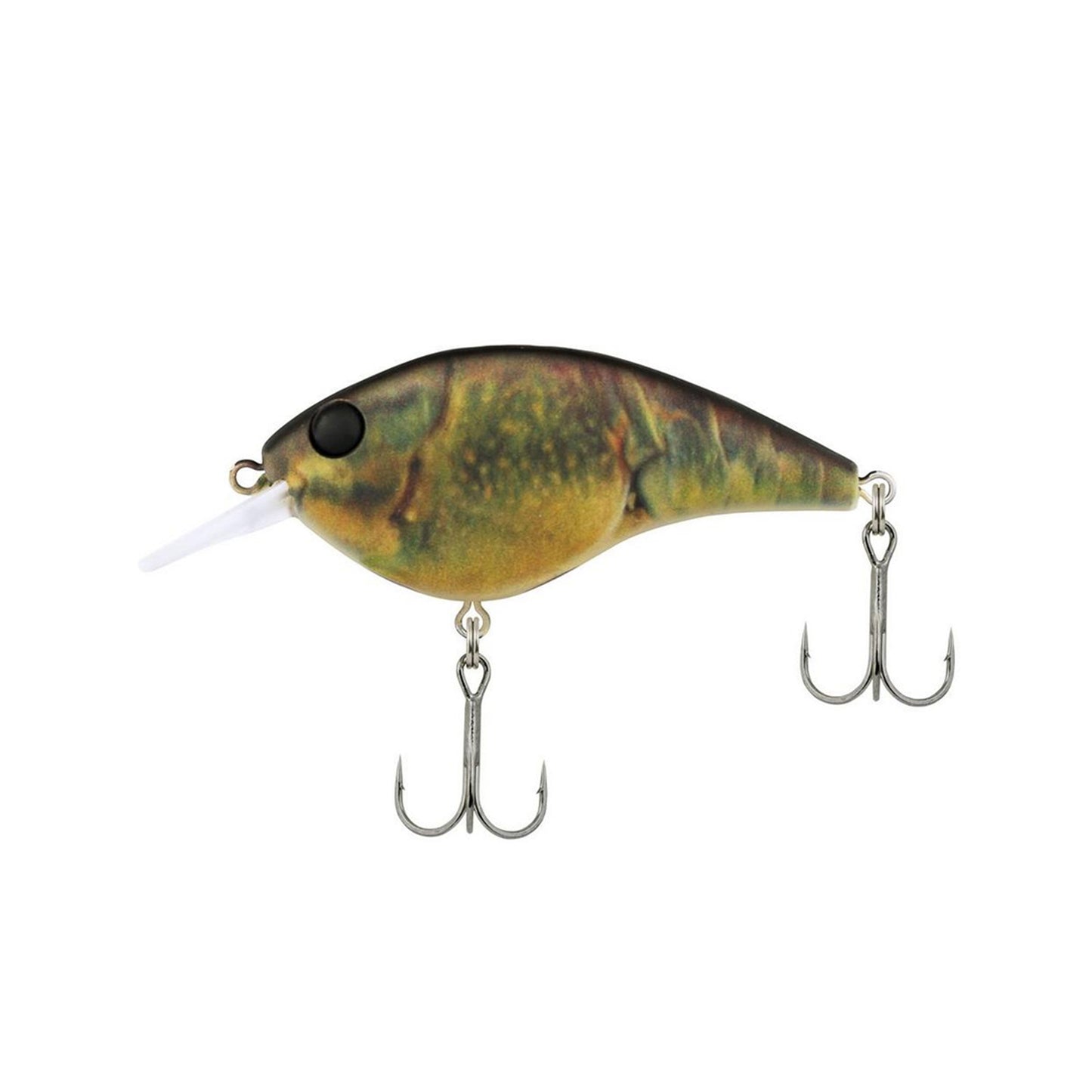 The Berkley Frittside 5 Jr. Crankbait by Berkley features a green and yellow realistic fish design, black eye, two treble hooks, and mimics balsa action for effective bass strikes.