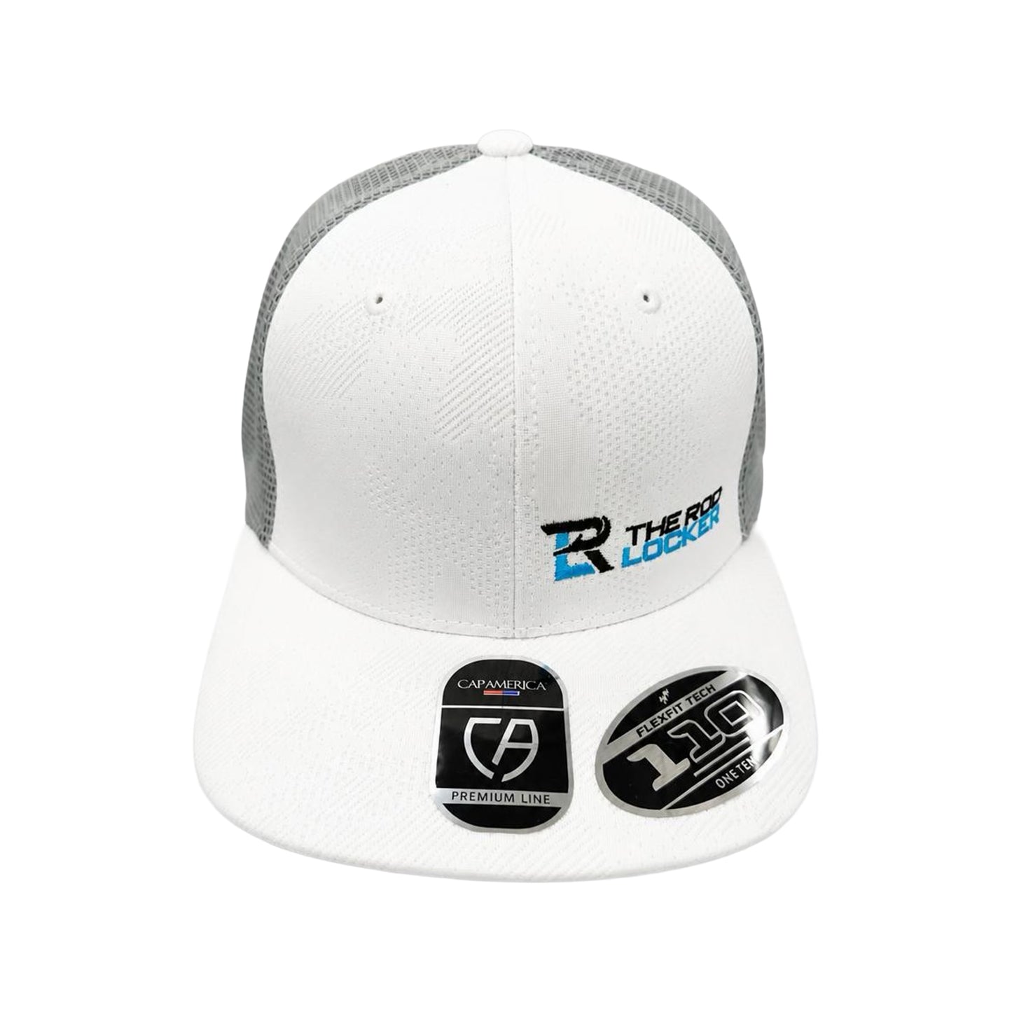 The Rod Locker Block Side Logo Flexfit Snapback Hat White Grey Mesh