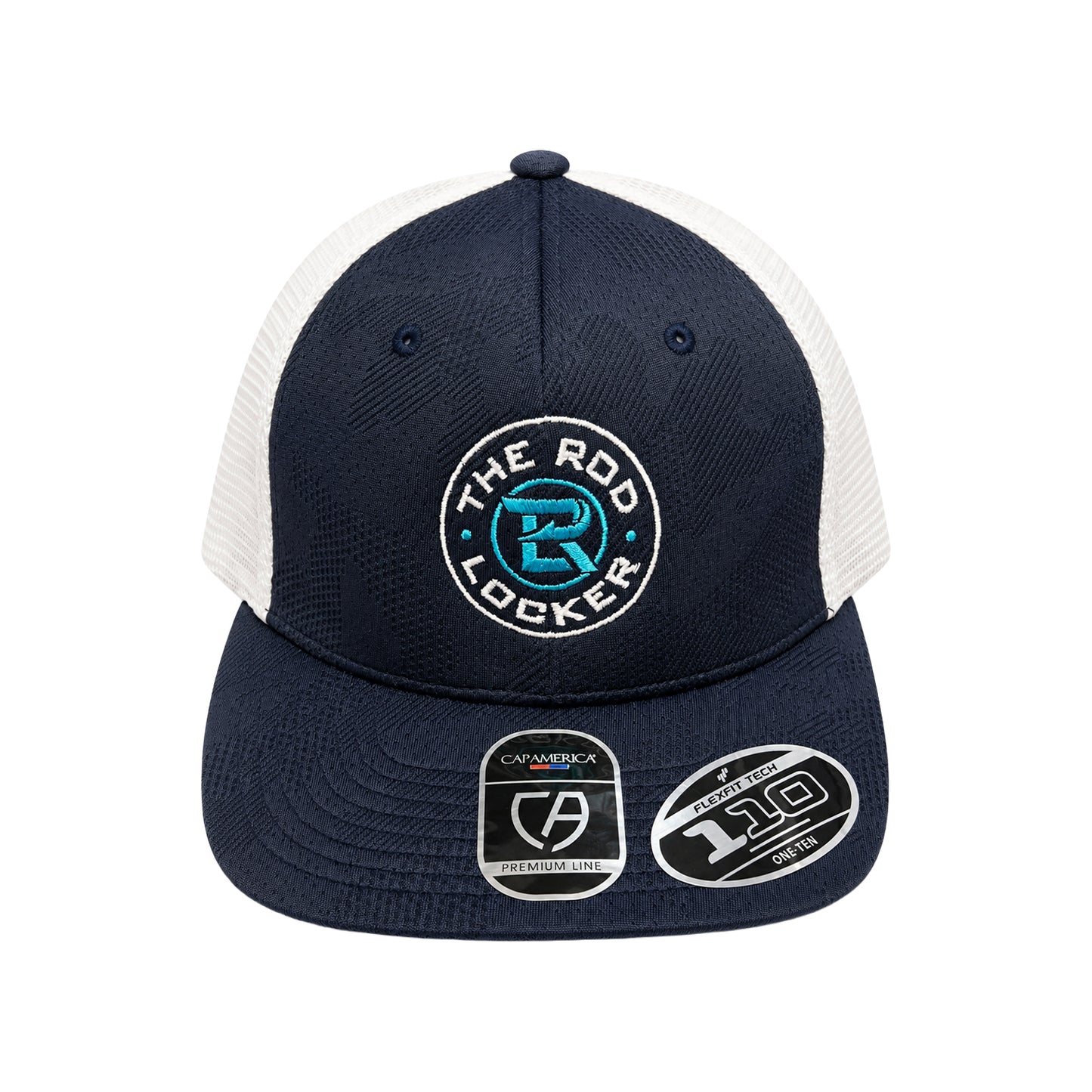 The Rod Locker Crest Logo Flexfit Snapback Hat Navy Blue White Mesh