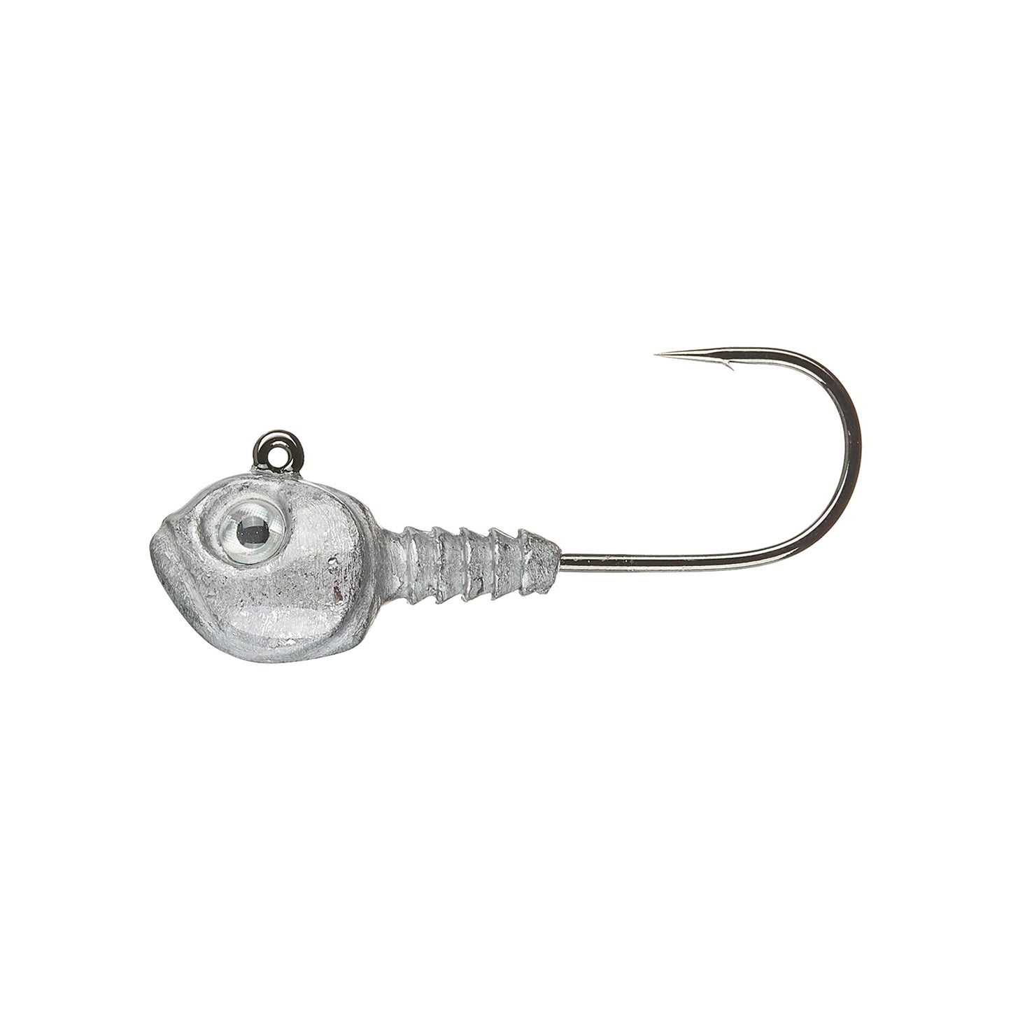 The Dirty Jigs Guppy Swimbait Jig Heads by Dirty Jigs, designed for vertical jigging, feature a silver fish-shaped body with a large eye, ribbed details, and a sharp curved hook.