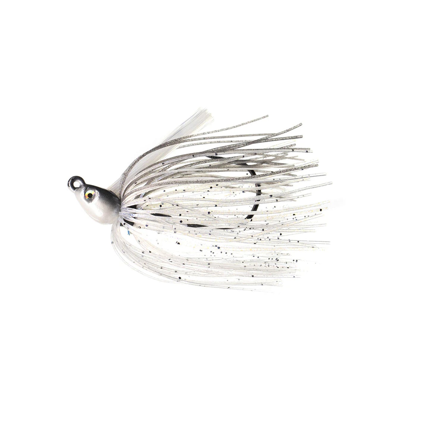 The Dirty Jigs Swim Jig by Dirty Jigs is a white lure featuring a round weighted head, large eye detail, Mustad hook, and multiple flexible skirt strands with black specks to effectively attract fish.