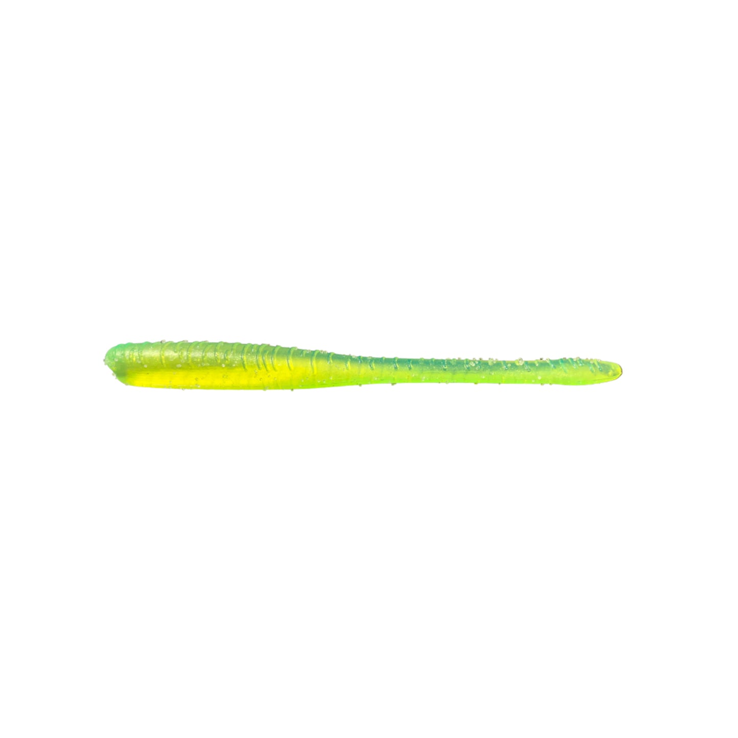 The Great Lakes Finesse Drop Worm 4" 8pk by Great Lakes Finesse is a soft plastic ribbed worm lure in green and yellow, featuring neutral buoyancy and photographed isolated on a white background.