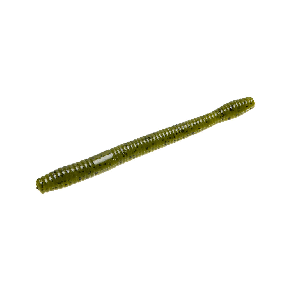 The Zoom Magnum Finesse Worm 5" 10pk by Zoom is a green, ribbed lure with black specks—ideal for catching big bass on a Texas rig. Shown on a white background.