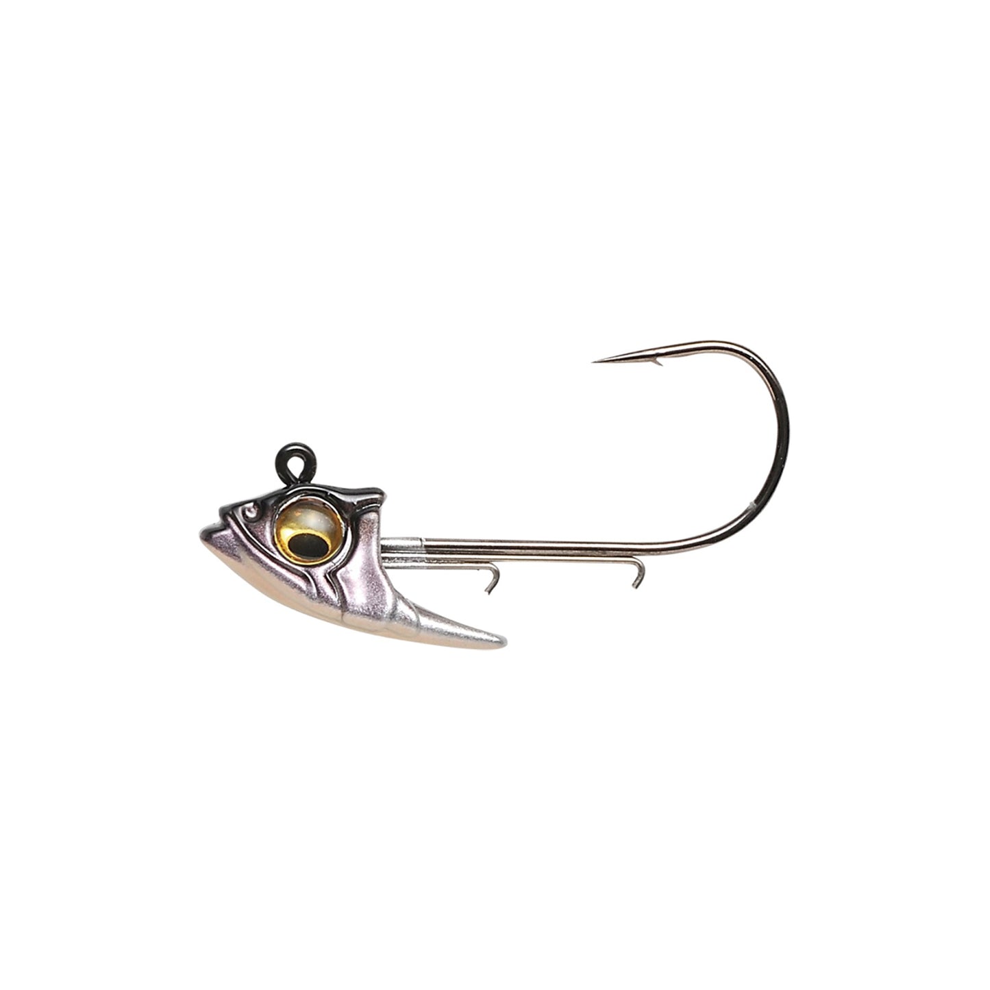 The Megabass Body Balance Swimbait Jighead by Megabass features a fish-shaped metallic finish, a large round eye, and a single curved hook—perfect for targeting big bass and delivering optimal presentation.