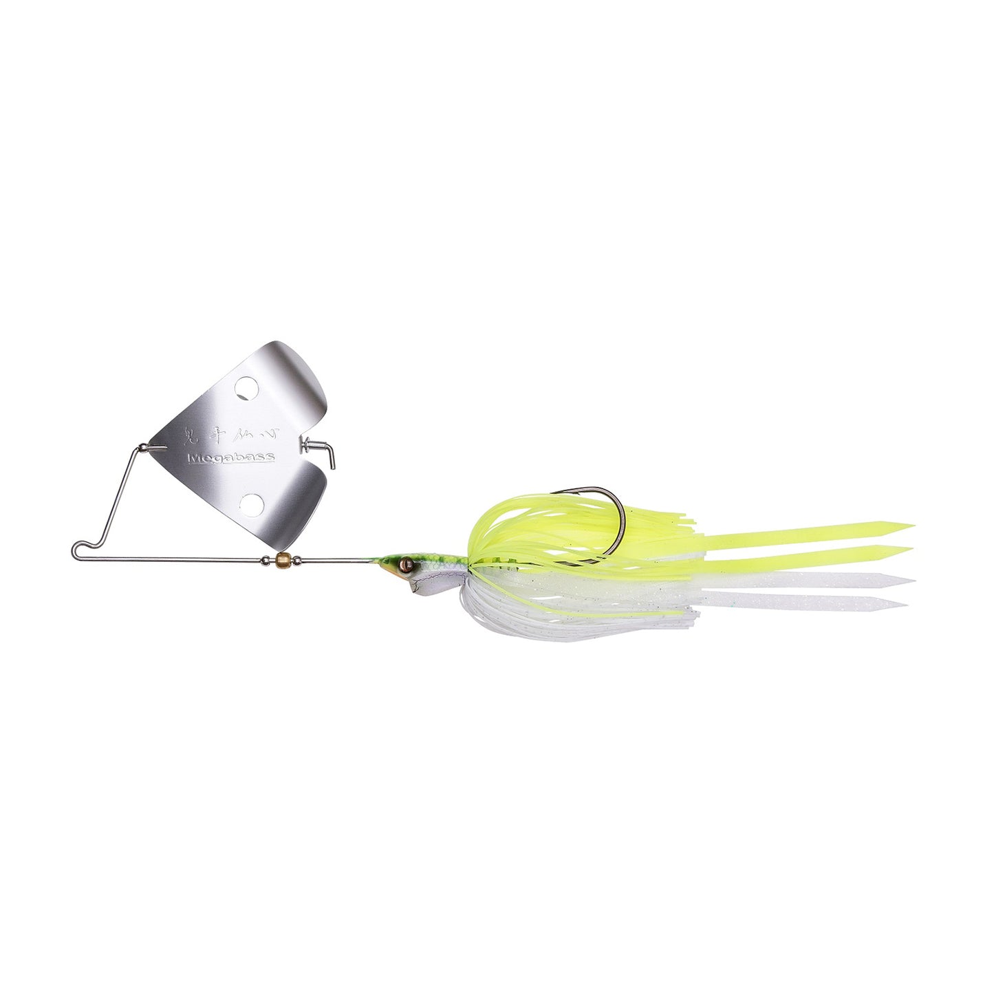 The Megabass Jamaica Boa Buzz Bait is a bass lure with a metal blade on a wire arm above the curved hook and features yellow and white rubber skirt strands, designed by Megabass for effective bass fishing.