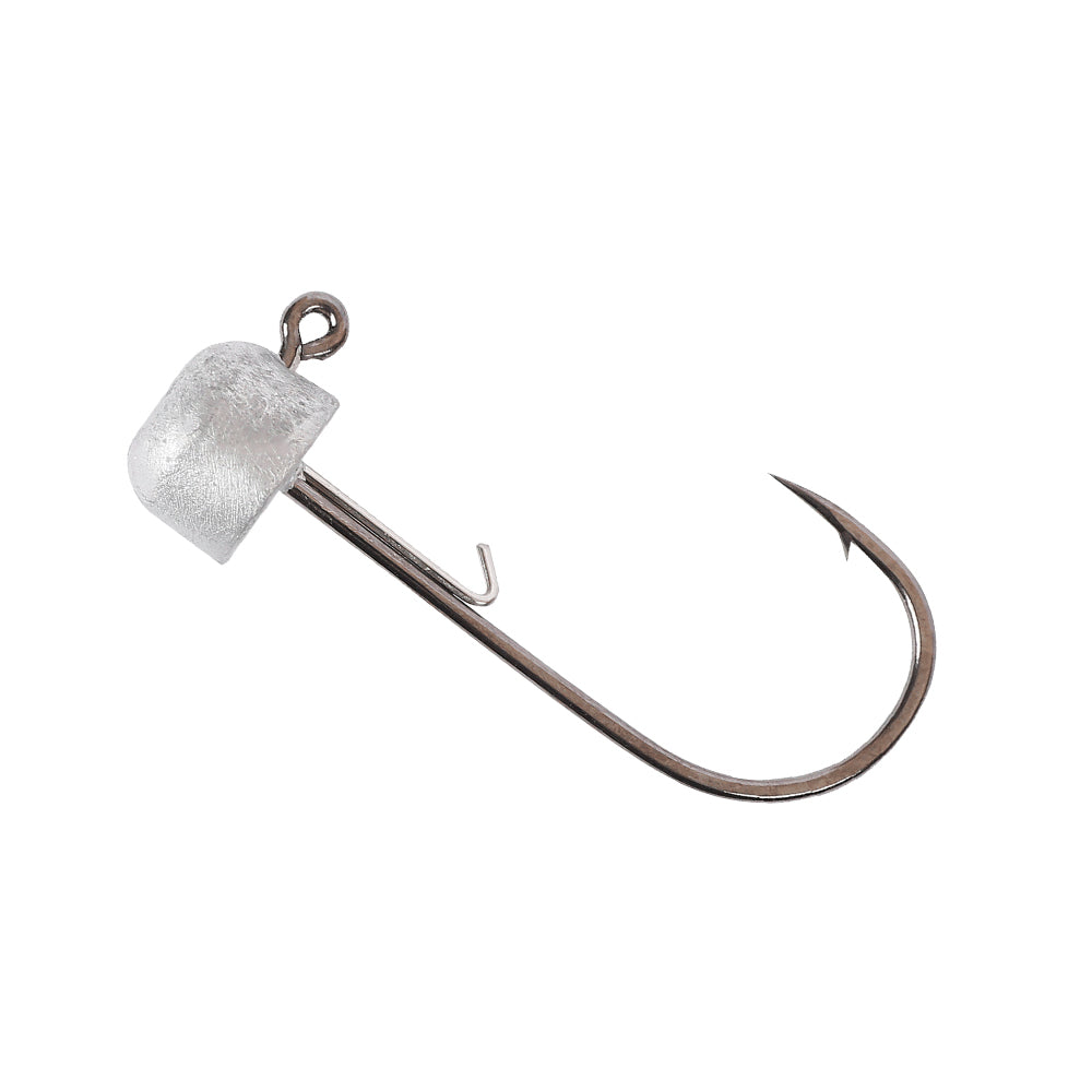 The Owner Block Head Jig Head by Owner features a rounded, translucent white metal head and a sharp curved hook, ideal for attaching soft bait, stick baits, or Ned Rig fishing lures.