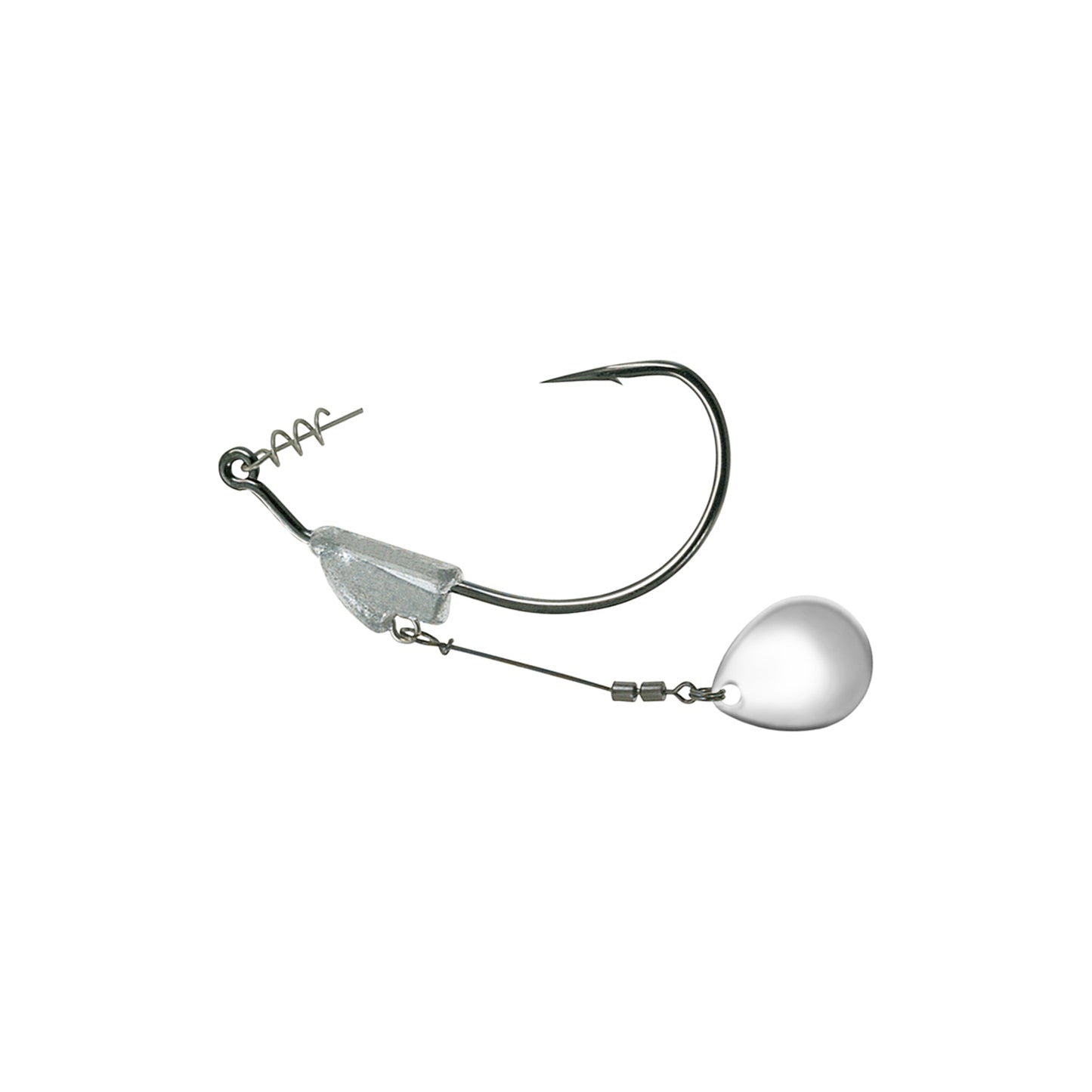The Owner Flashy Swimmer Colorado Blade by Owner is a single fishing hook with a TwistLOCK Centering-Pin Spring, weighted shank, and a shiny Colorado Blade on a swivel for added flash.