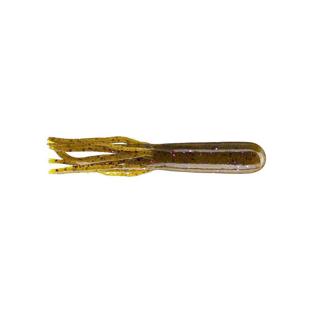 The Secret Lures Flippin' Stupid Tube 4.2" is a soft plastic tube lure in a brownish-green with gold and purple flecks, featuring fringed appendages—perfect for pairing with the HD Stupid Tube Head for top-notch presentations.