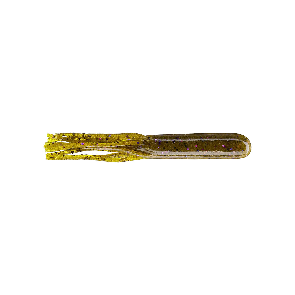 The Secret Lures Stupid Tube 3.75" 8pk by Secret Lures is an olive green soft plastic lure with black and purple specks, a cylindrical body, and fringed tails—ideal for Bassmaster Classic techniques. Shown on a white background.