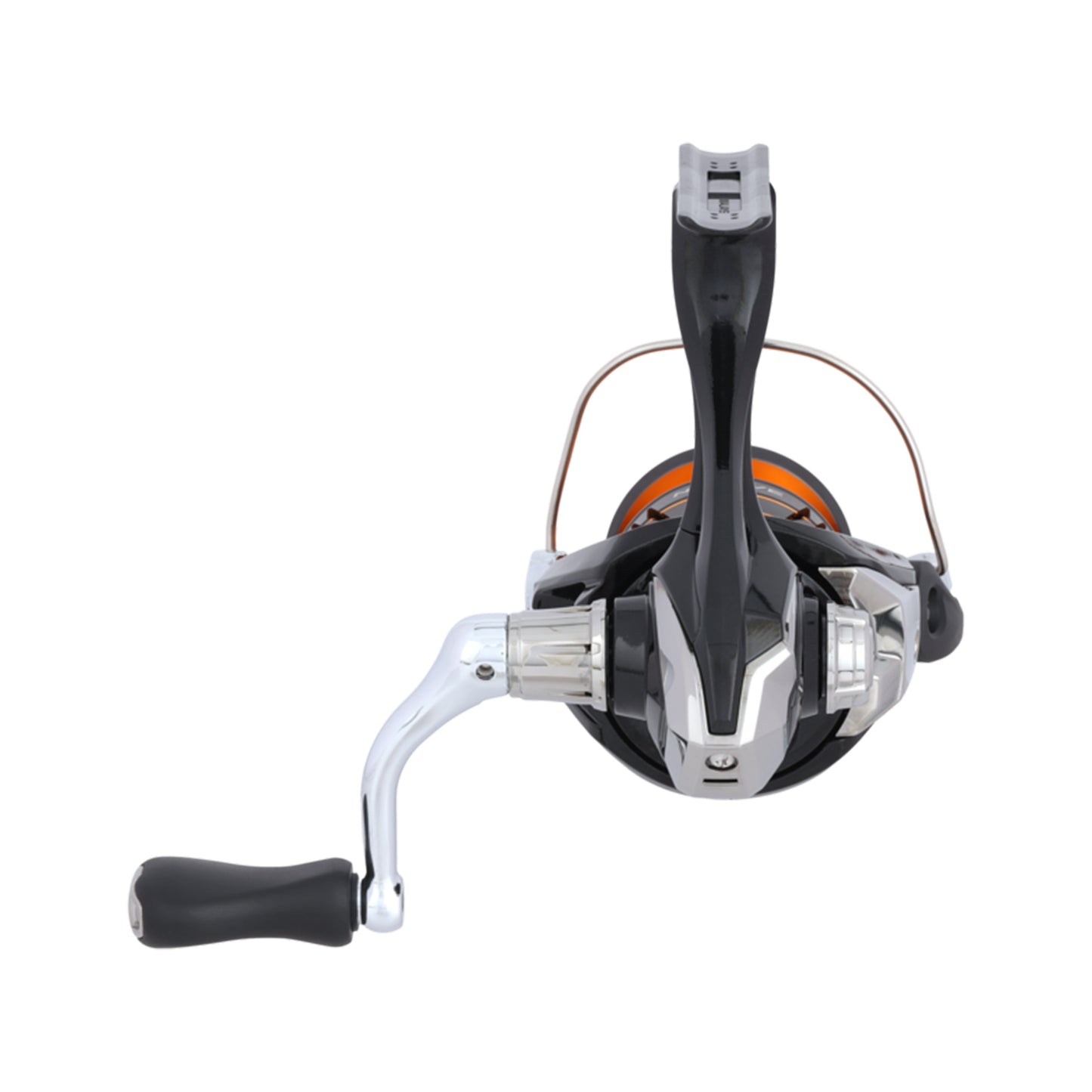 Front view of the Shimano Nexave FJ Spinning Reel 1000FJ (5.0:1) by Shimano, featuring a black and silver body with an orange accent ring, side handle, and raised bail arm showcasing its Propulsion Line Management System.