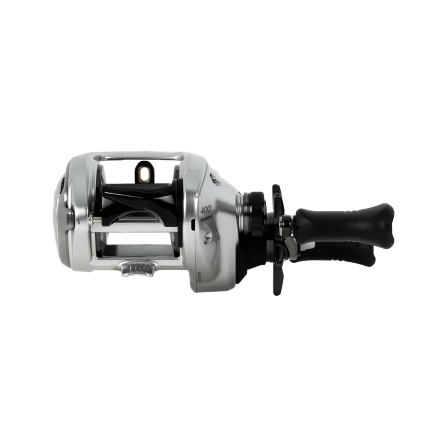 The Shimano Tranx 400 B Casting Reel 5.8:1 RH (TRX400B) by Shimano is displayed in silver and black, showing its handle and spool from the side against a white background.