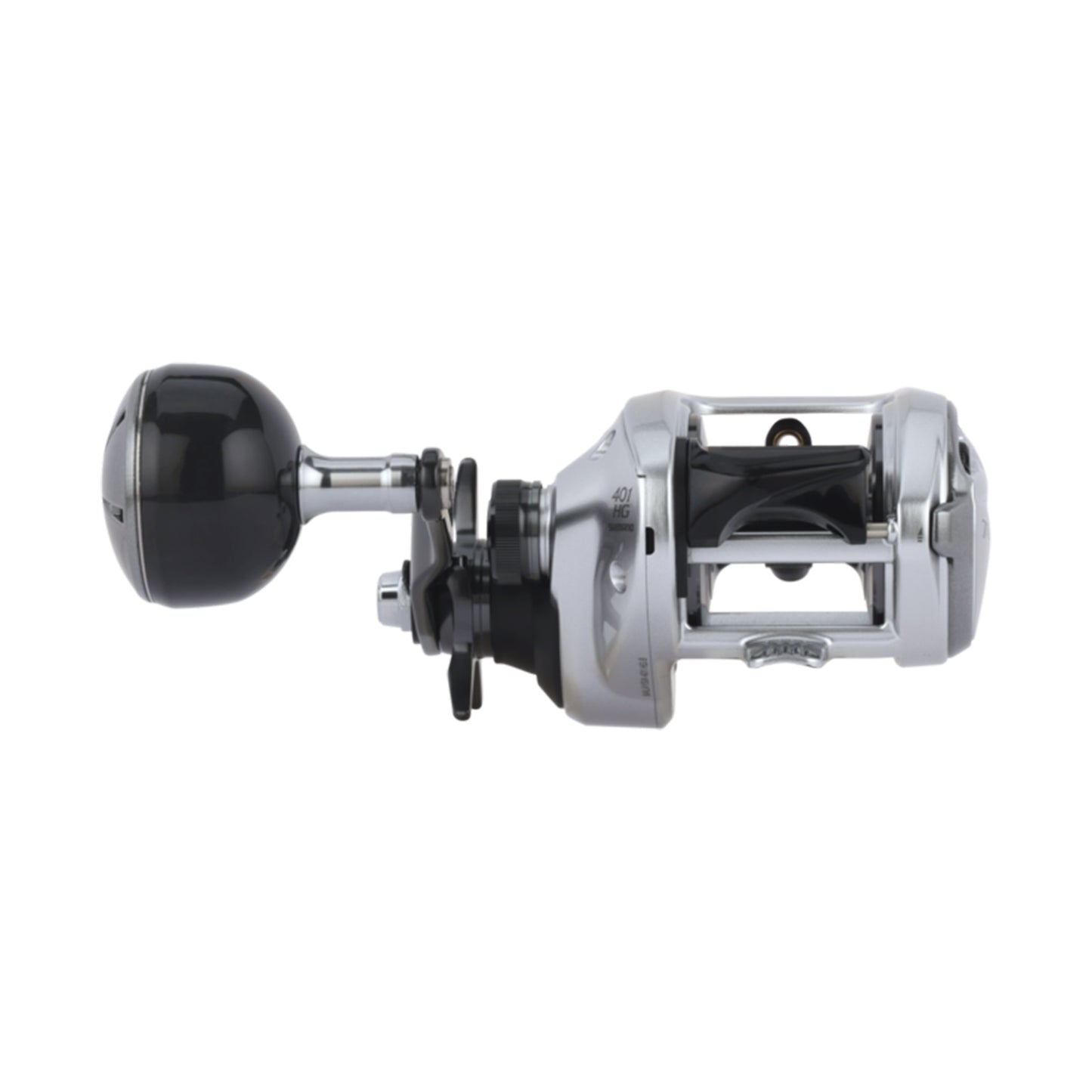A Shimano Tranx 400 B Casting Reel 7.6:1 LH Power Handle (TRX401HGB) in silver and black, featuring a round power handle, is shown from the side on a white background.
