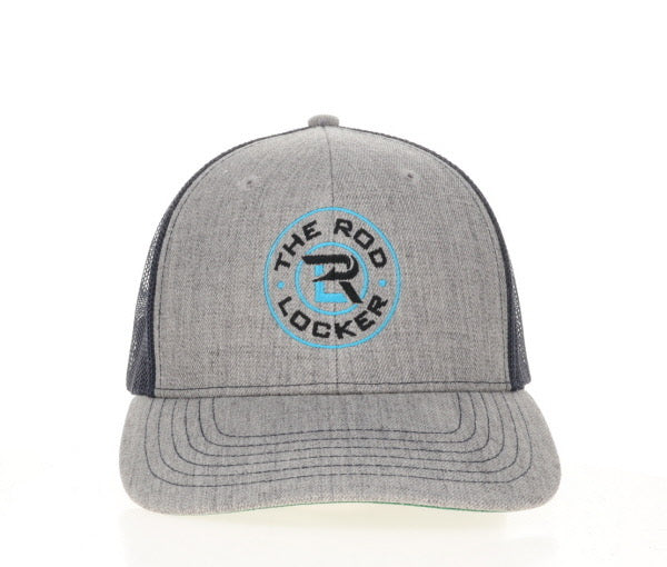 The Rod Locker Crest Snapback Trucker Hat Heather Grey Navy Mesh