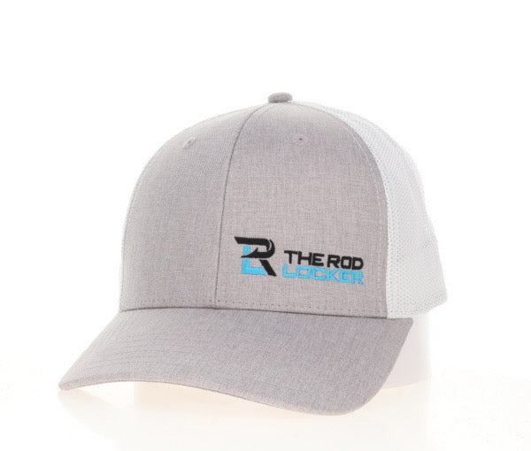 The Rod Locker Logo Snapback Trucker Hat Light Grey White Mesh