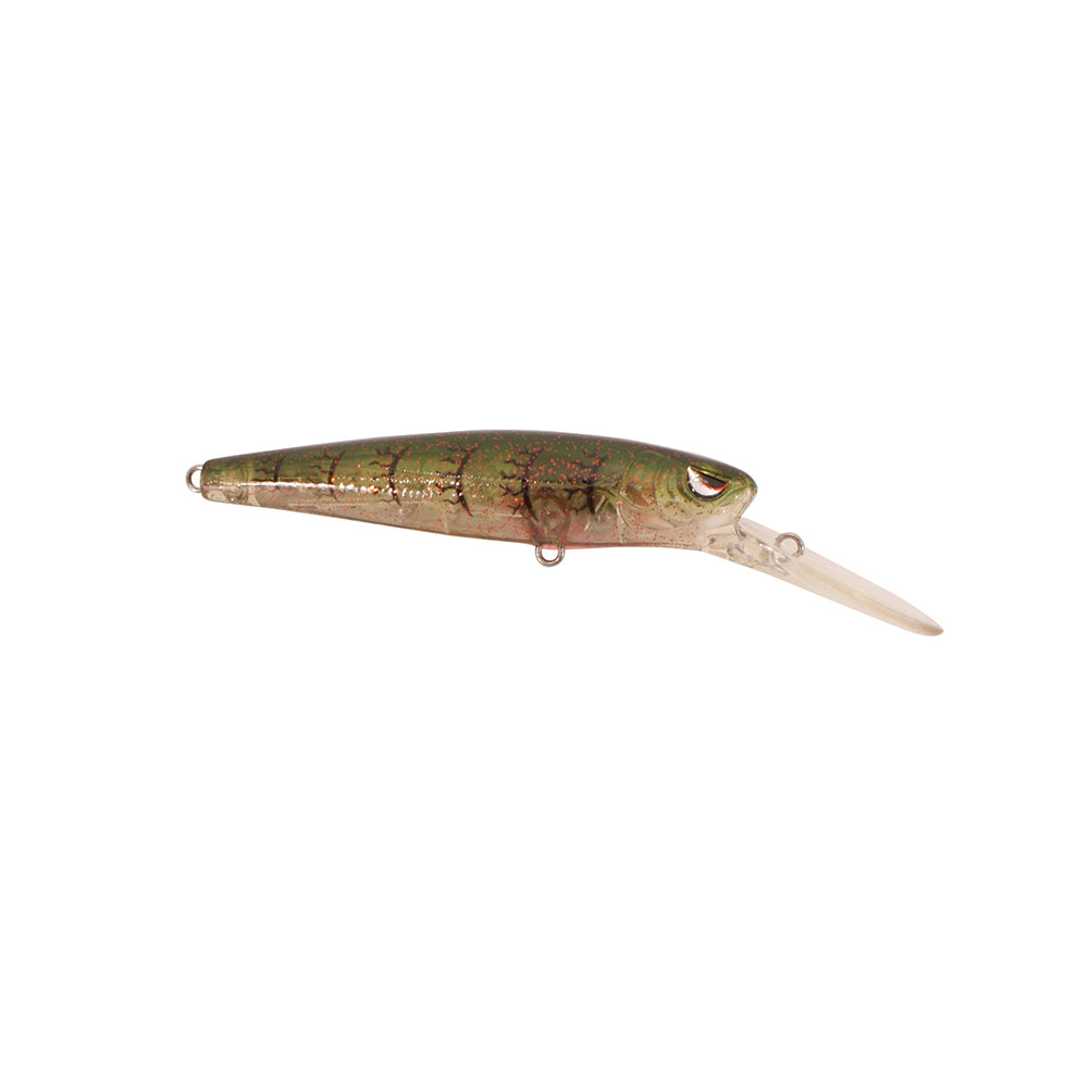 The SPRO Spro McRip 85 Jerkbait is a suspending lure shaped like a small fish, featuring a shiny green and brown patterned body, Gamakatsu treble hooks, and a clear plastic diving lip.