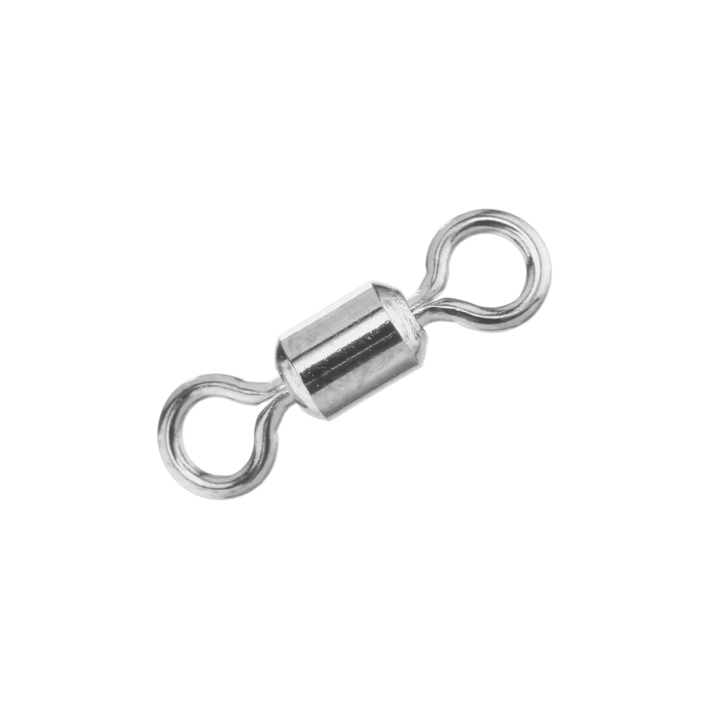 The SPRO Power Swivels by SPRO are Japanese-made fishing swivels featuring a silver barrel design with a cylindrical center and looped rings on both ends, displayed against a white background.