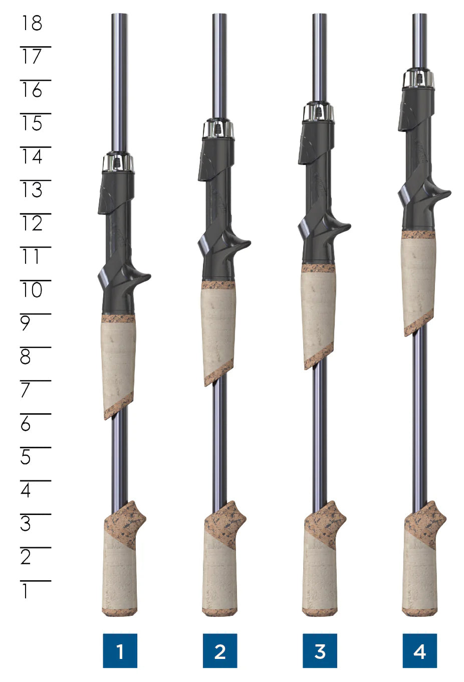 Four St. Croix Legend X2 Casting Rod 6'8" Medium (LXTC68MXF) handles, numbered 1 to 4, are shown vertically with a height scale from 1 to 18, displaying differences in handle length and grip position—perfect for bass fishing.