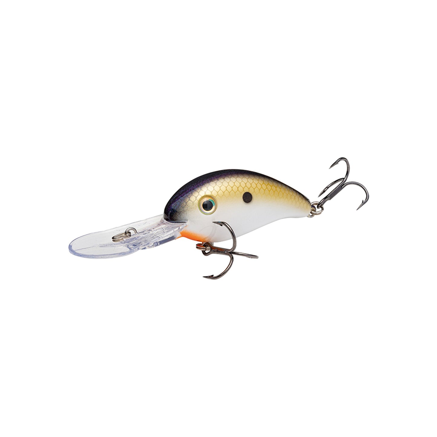 The Strike King 3XD Crankbait by Strike King features a white belly, yellow sides, black back, two treble hooks, a large clear plastic lip for deep diving, and a black side spot—perfect for bass fishing.