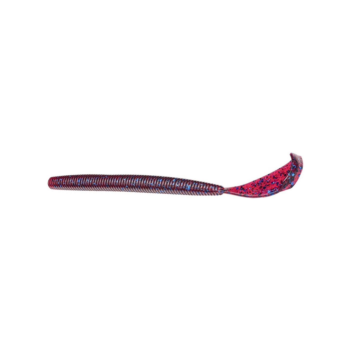 The Strike King Rage Cut R Worm 6" 7pk by Strike King is a soft plastic worm bait with a ribbed body and unique Rage Tail, shown in red and blue speckled colors on a white background.
