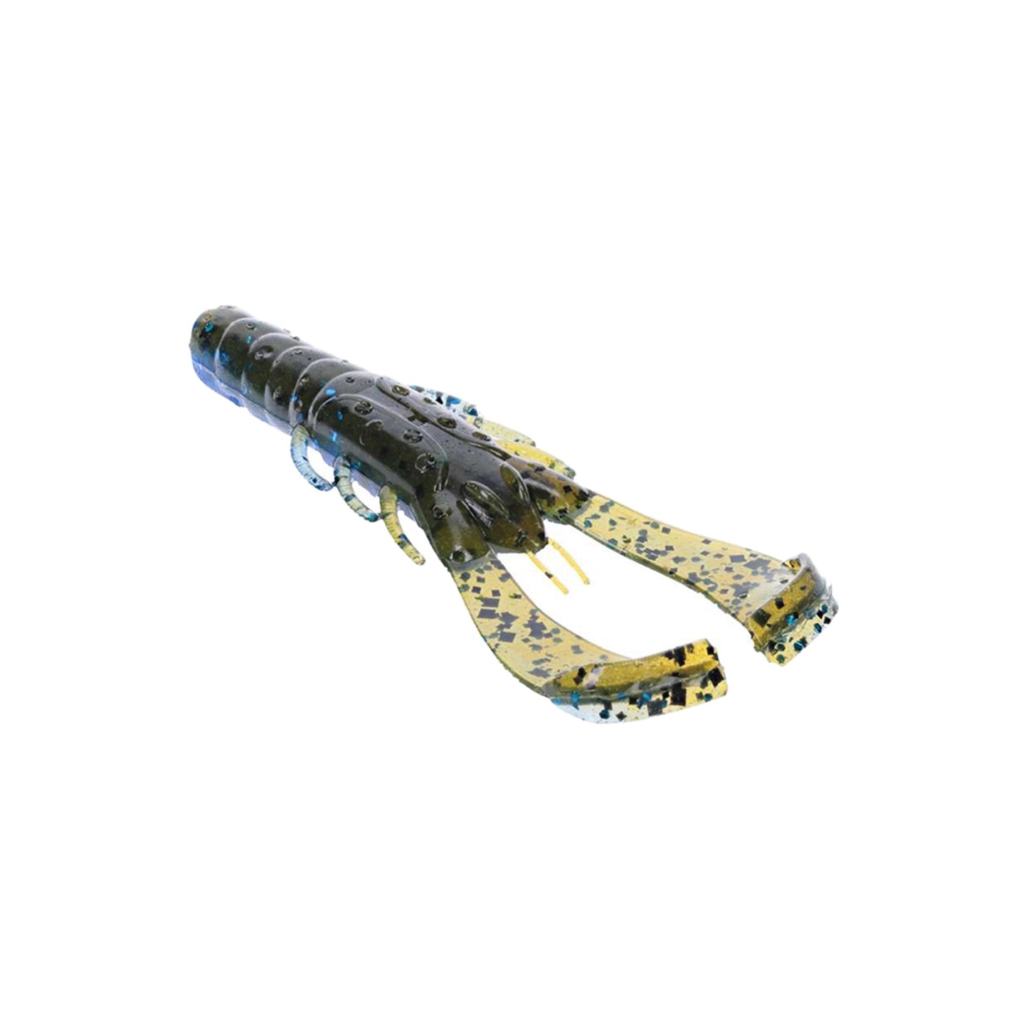 The Strike King Rage Scounbug 3.5" 9pk is a soft plastic crawfish lure with a dark green body, yellow and black speckles, and two large curved Rage Tail pincers.
