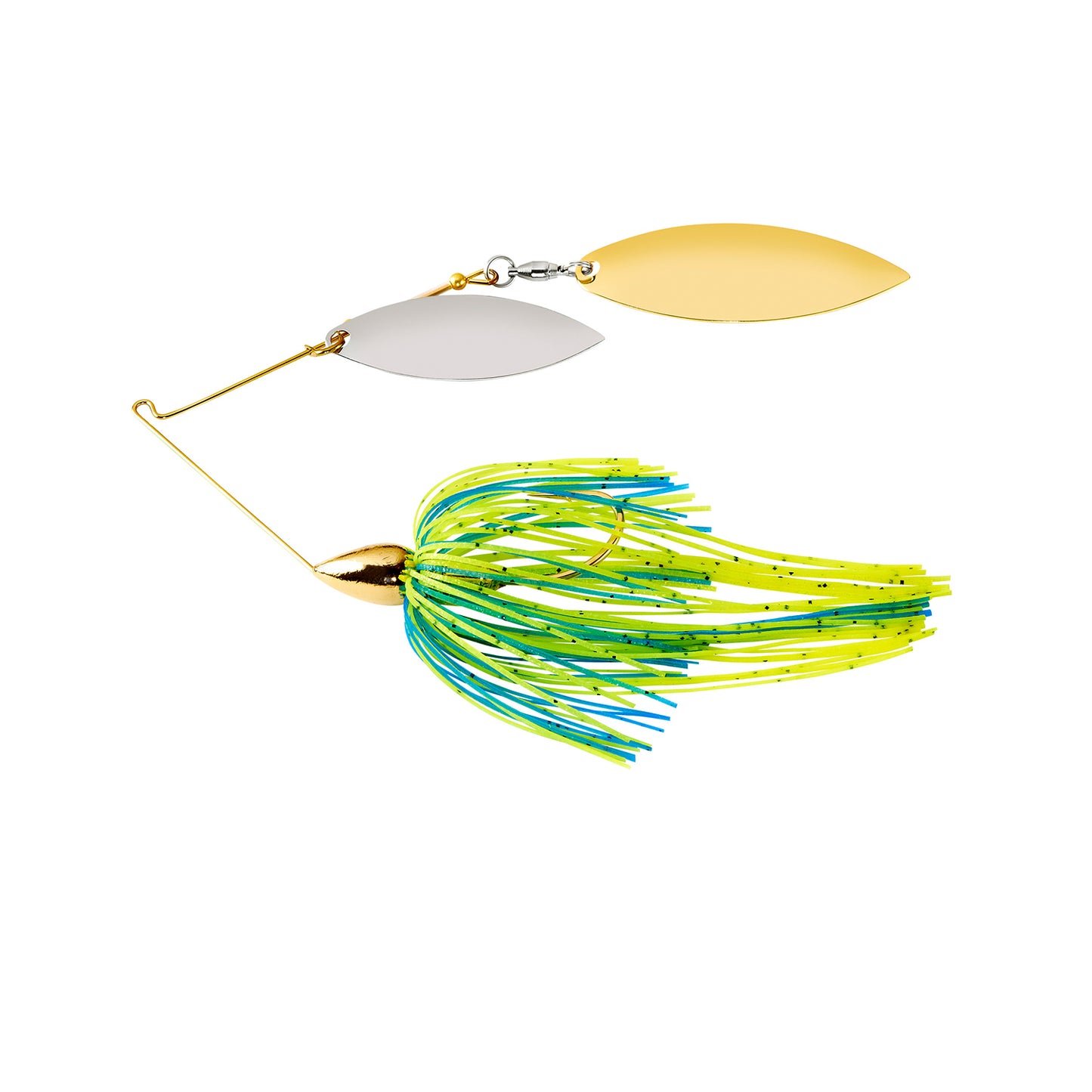 The War Eagle Gold Double Willow Spinnerbait by War Eagle features gold and silver willow blades, a gold head, and a yellow, green, and blue skirt. The lure is shown isolated on a white background.