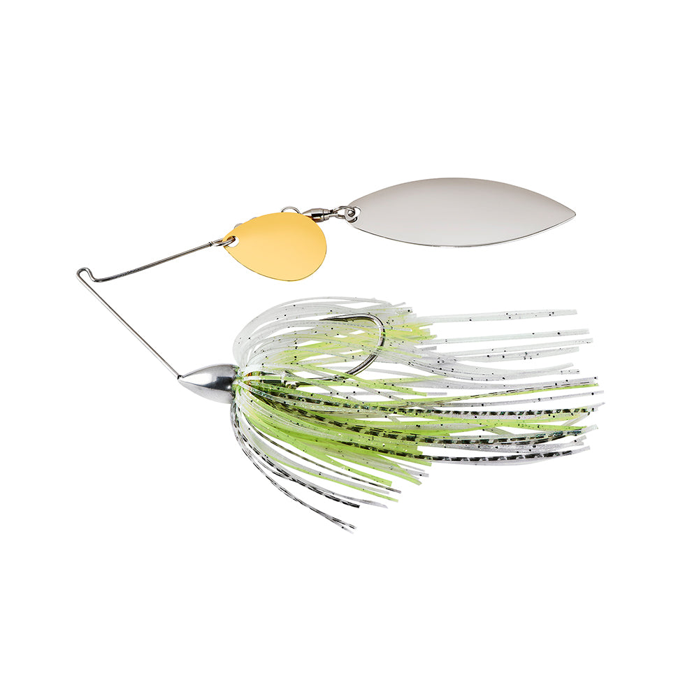 The War Eagle Nickel Colorado Willow Spinnerbait by War Eagle features a yellow and silver blade, metal wire frame, and a green, white, and silver skirt designed to attract fish.