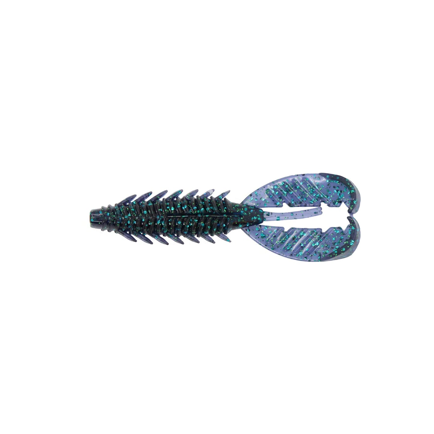The Xzone Lures Adrenaline Craw Jr. 3.5" (7 pack) is a soft plastic bass bait with a ribbed body, two flat floating claws, and a dark purple color with blue and green glitter—ideal for realistic insect or grub imitation.