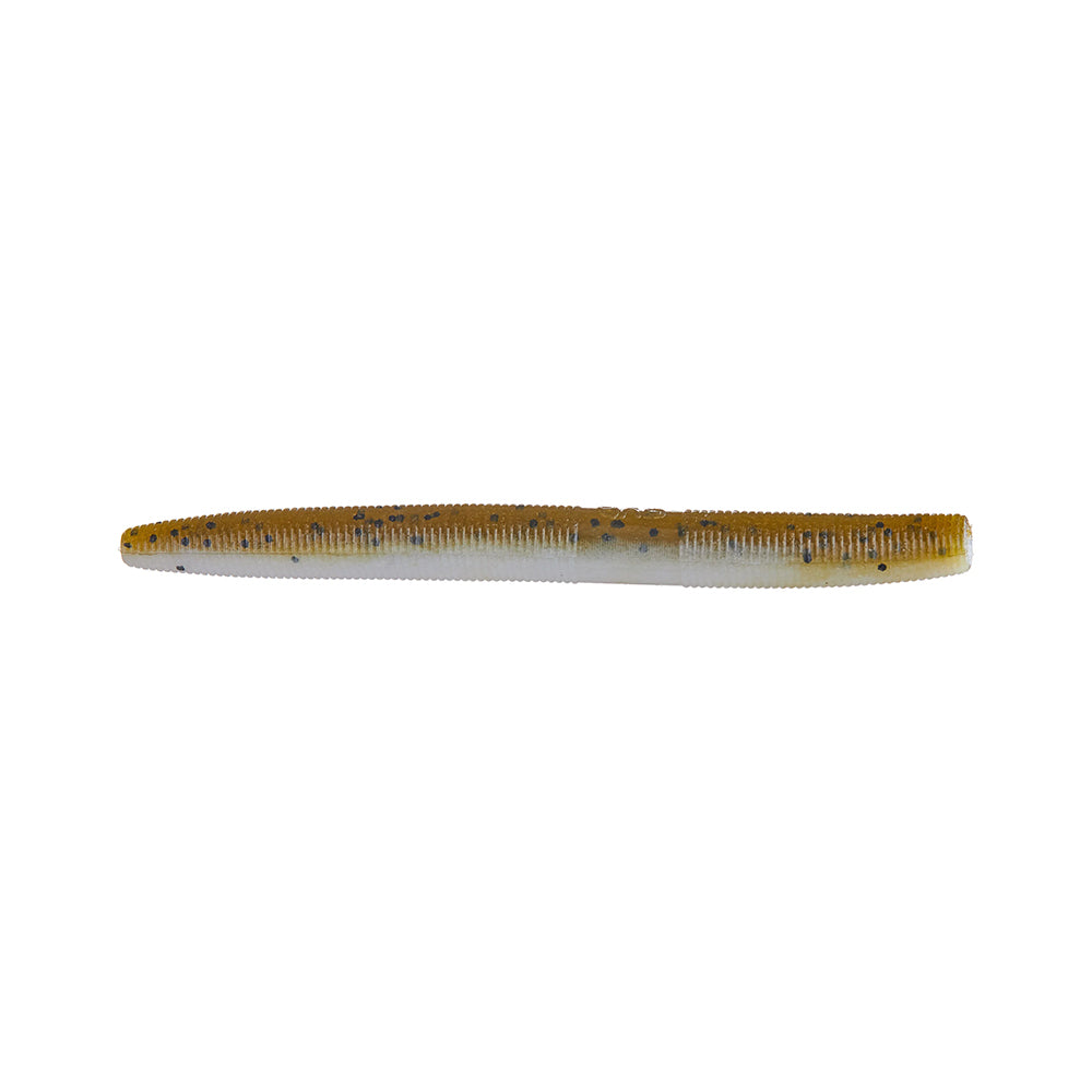 The Yamamoto Senko by Yamamoto is a soft plastic, worm-shaped fishing lure with a ribbed texture. It features a tan top fading to a lighter bottom, speckled with black dots—ideal for bass fishing.