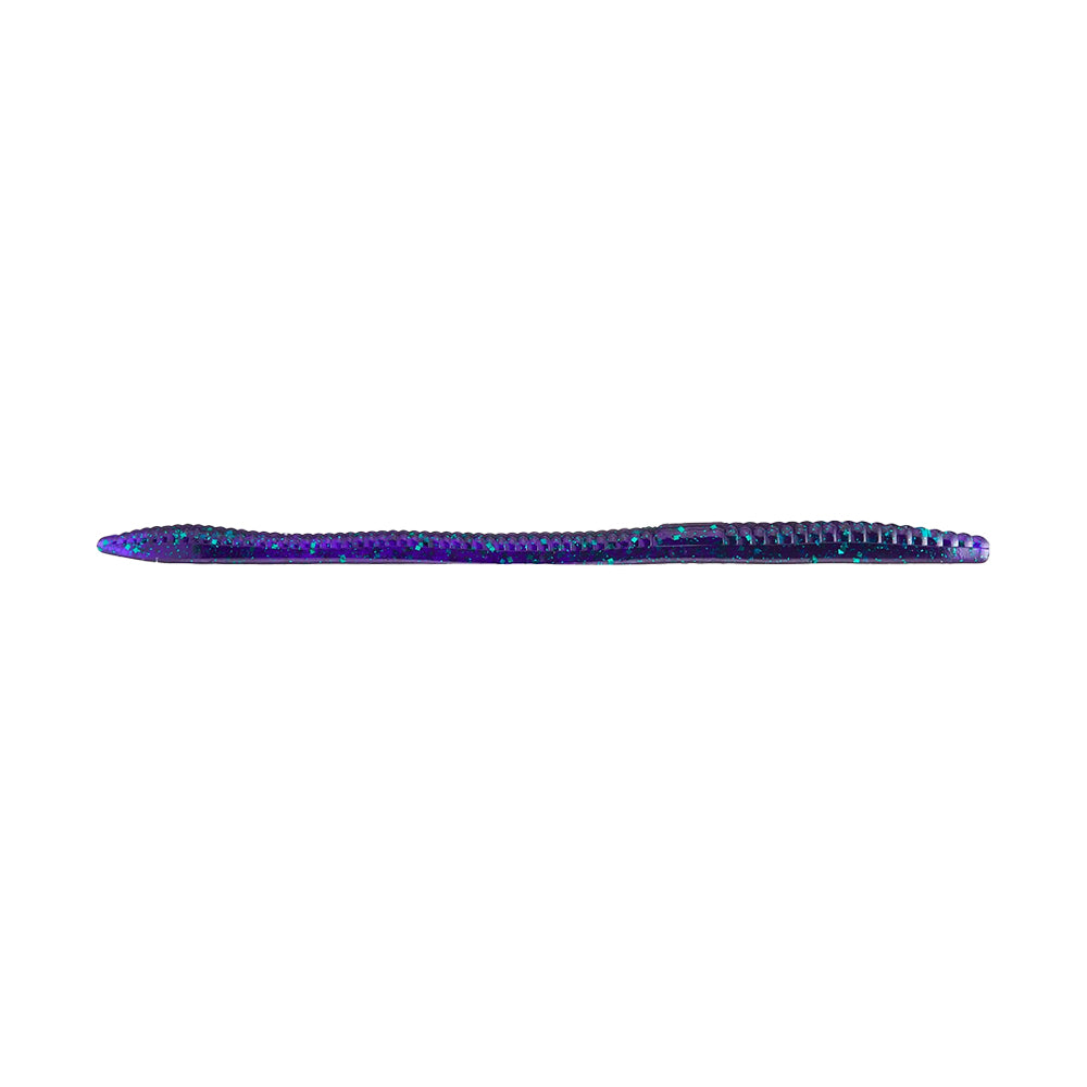 The Zoom Trick Worms by Zoom are soft plastic fishing lures in purple and blue with a ribbed texture, ideal for bass fishing, displayed on a white background.