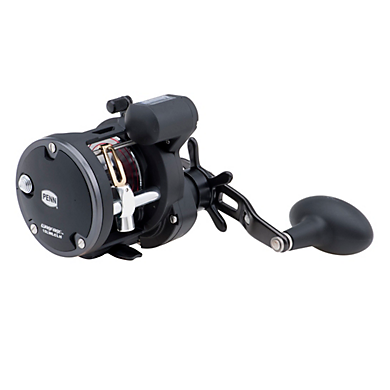 The Penn Warfare Level Wind Reel Line Counter Left Hand (WAR15LWLCLH) by Penn features a black and silver finish, large handle, metal construction, and is built for saltwater or heavy-duty fishing with reliable left-handed performance.