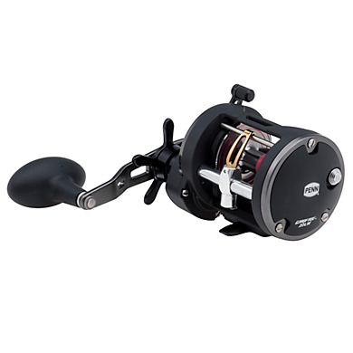 The Penn Warfare Level Wind Reel | WAR20LW by Penn is a black reel with a large handle, metal spindle, HT-100 drag washers, and exposed gears, designed to mount on a fishing rod.
