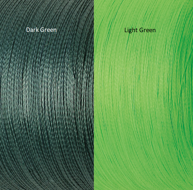 Close-up of two large spools of premium eight-strand PE thread, dark green on the left and light green on the right. Both showcase tightly wound Sunline Xplasma Asegai Braided Line 165yd, labeled with precision using Xplasma technology by Sunline.